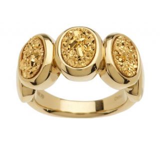 Three Stone Oval Drusy Quartz Band Ring 14K Gold —