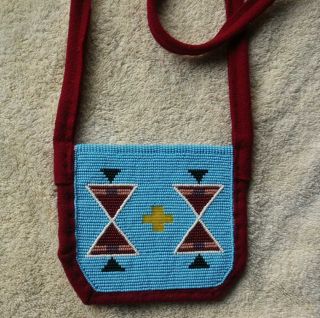 Crow Full Beaded Bag with Red Cloth Strap Geometric Beaded Pattern