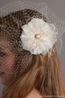 Ivory Birdcage Veil Feather Organza Oval Pearl Flower