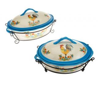 Temp tations Fun Rooster Set of 2 Oval Bakers w/ Wire Racks   K36695