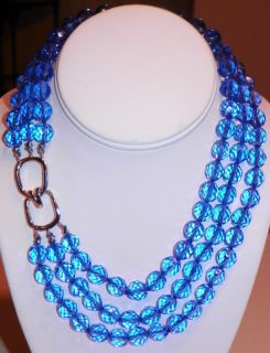 Vintage LES BERNARD 3 Strand Blue Crystal Necklace w Fancy Silver Tone