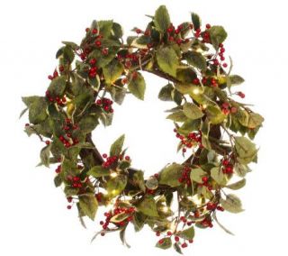 As Is Lit Holly Berry Wreath with Frosted Leaves —