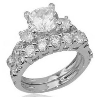 Round CZ Cubic Zirconia Sterling Silver Wedding Engagement Ring Set sz