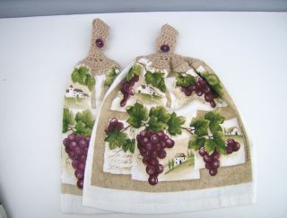 Kitchen Dish Towels with Crochet Tops Grapes Tuscany