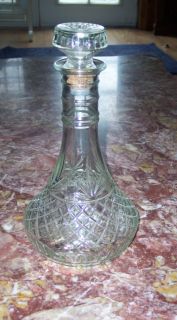 VINTAGE ROUND GLASS WHISKEY DECANTER BOTTLE VERY LIGHT GREEN TINT