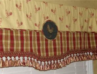 Custom Red Gold French Country Toile Black Rooster Valance Curtain