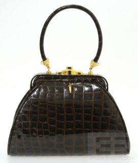  Brown Patent Leather Crocodile Embossed Pushlock Frame Handbag