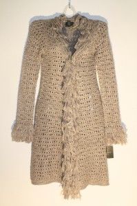  Cynthia Rowley ~ Taupe Fringe Wool Blend Sweater Coat Cardigan Size L