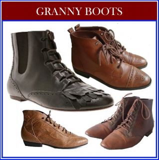 Vintage Leather Lace Up Ankle Boots Grunge Granny Pixie 90s Flat