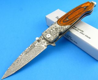 Tac Force Assisted Open Damascus Etch Blade / Bolster wood Handle