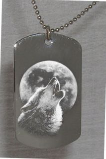 Howling Wolf Moon Custom Engraved Dog Tag Necklace