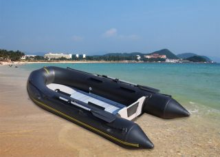 10.8 Inflatable Boat Tender Yacht Dingy Black w Aluminum Oars, Seats