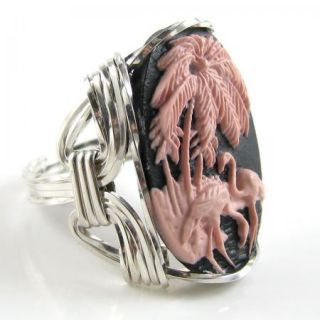 Pink Flamingo Cameo Ring Sterling Silver Custom Jewelry