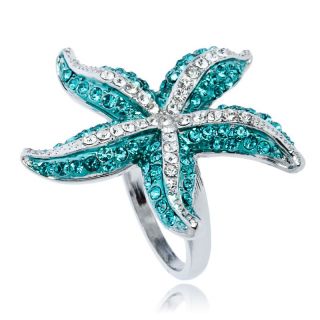 18K WGP ARINNA Cute Blue Zircon Starfish Cocktail Fashion Ring