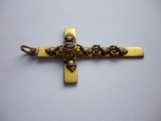  Victorian Rolled Gold Amethyst & Pearl Large Cross Pendant Boxed