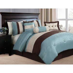 New Queen Victoria Classics Hudson 7 PC Comforter Bed Set Blue Brown