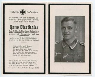 WWII German Feldwebel Geb Jager Soldiers 1943 Death Card Russia