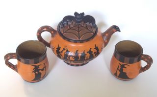  HALLOWEEN TEAPOT SET   Tea / Hot Chocolate OOAK by Demy Witches Bats