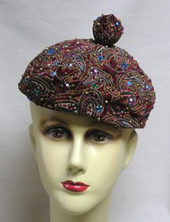 Vintage Womans Hat Beret Style Paisley Studded w Colorful Glass