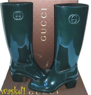  Gucci Rubber Bottle Green Devendra GG Rainboots Mid Heel Boots