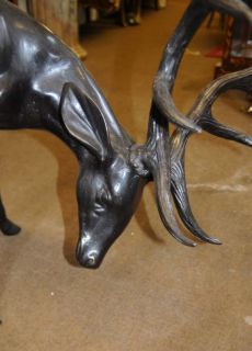 Pair Bronze Stags Deer Antlers Architectural Garden Statues