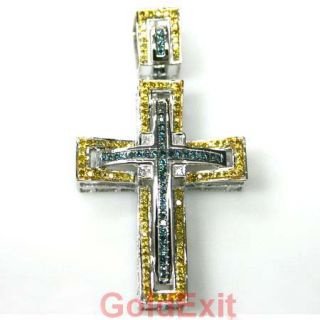 14k Gold Blue Canary Yellow Diamond Religious Cross Pendant Charm New