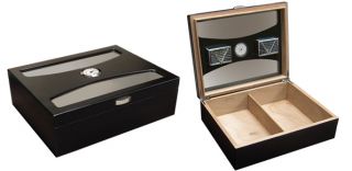 The Delano Black Glass Top Desktop Cigar Humidor w UV Glass Holds 100