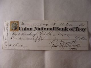 1875 Union National Bank of Troy NY Check s C Dermott