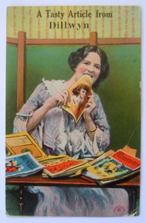 1912 Greetings Postcard Dillwyn Kansas A Tasty Article Woman Eats
