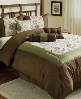 Delaney Green and Brown 7 Piece King Embroidered Comforter Set Bed in