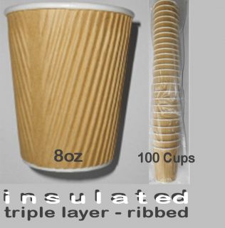 100 x Disposable Paper Cups 8oz Brown Rib Coffee Tea Machines Hot
