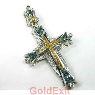  Gold Canary Yellow Blue Diamond Cross Pendant Religious Charm