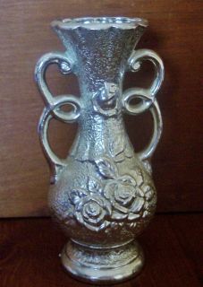  Silver Vase w Sculptured Roses Made in Japan