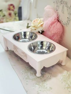 Shabby Cottage Chic 4 Raised Pink Pet Dog Cat Feeder