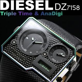 Brand New Diesel Triple Time ANA Digi Black Leather Men s Watch DZ7158