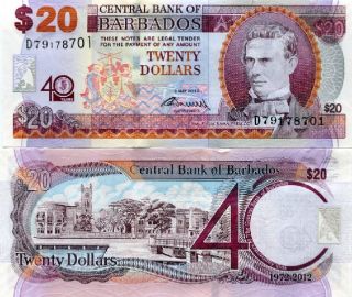 barbados 20 dollars central bank of barbados p new 2012 grade unc