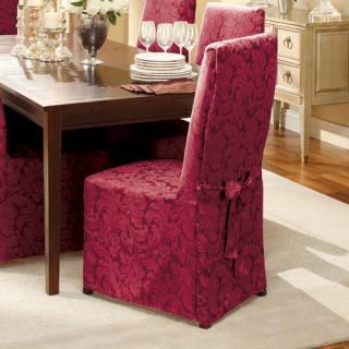  Burgundy Scroll Patterned Long Dining Chair Cover Slipcover