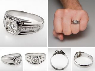 Vintage Mens Diamond Wedding Band Ring 18K White Gold sku:wm7829