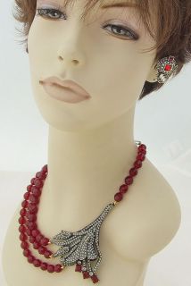 Heidi Daus Red Crystal Black Diamond Color Flower Necklace Earring Set