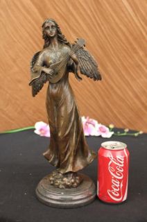 Bronze Sculpture Divine Angel Playing Lute Music Marble Statue by