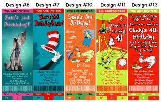 Dr Seuss Grinch Cat in The Hat Birthday Party Ticket Invitations
