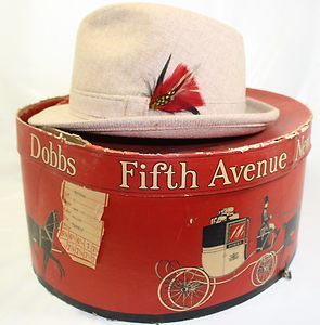 Vtg Dobbs Hat Box with Mauve 7 1 8 Mens Tweed Fedora Hat Red Feather
