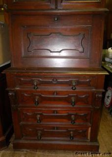  Victorian Solid Walnut Secretary Drop Lid 4 Draw Desk Bookcase Top