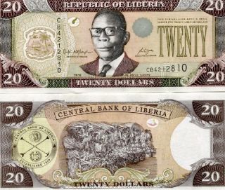 liberia 20 dollars republic of liberia 2006 pick 28c grade unc
