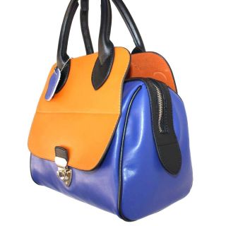   Orange Blue Turn Lock Speedy Doctors Satchel Handbag Italian Leather