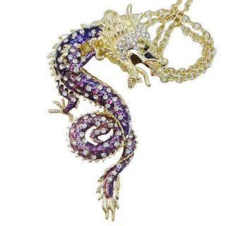 Glitzy Dragon Necklace Pendant Swarovski Crystal Purple Enamel Chinese