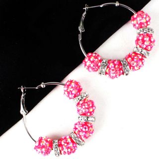  Rhinestone Beads Medium Hoop Pink Fashion Earrings Jewelry
