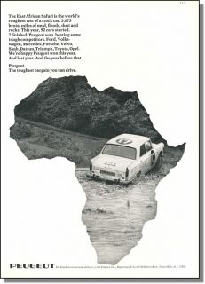 1968 East African Safari car rally   Peugeot automobile print ad
