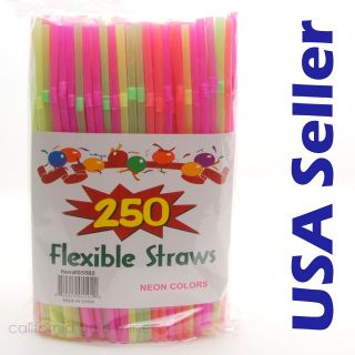 250 Pcs Party Drinking Straws Bendable Flexible Plastic Bendy Neon