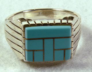 Mens Sterling Silver Ring with Turquoise Insert with Makers Mark